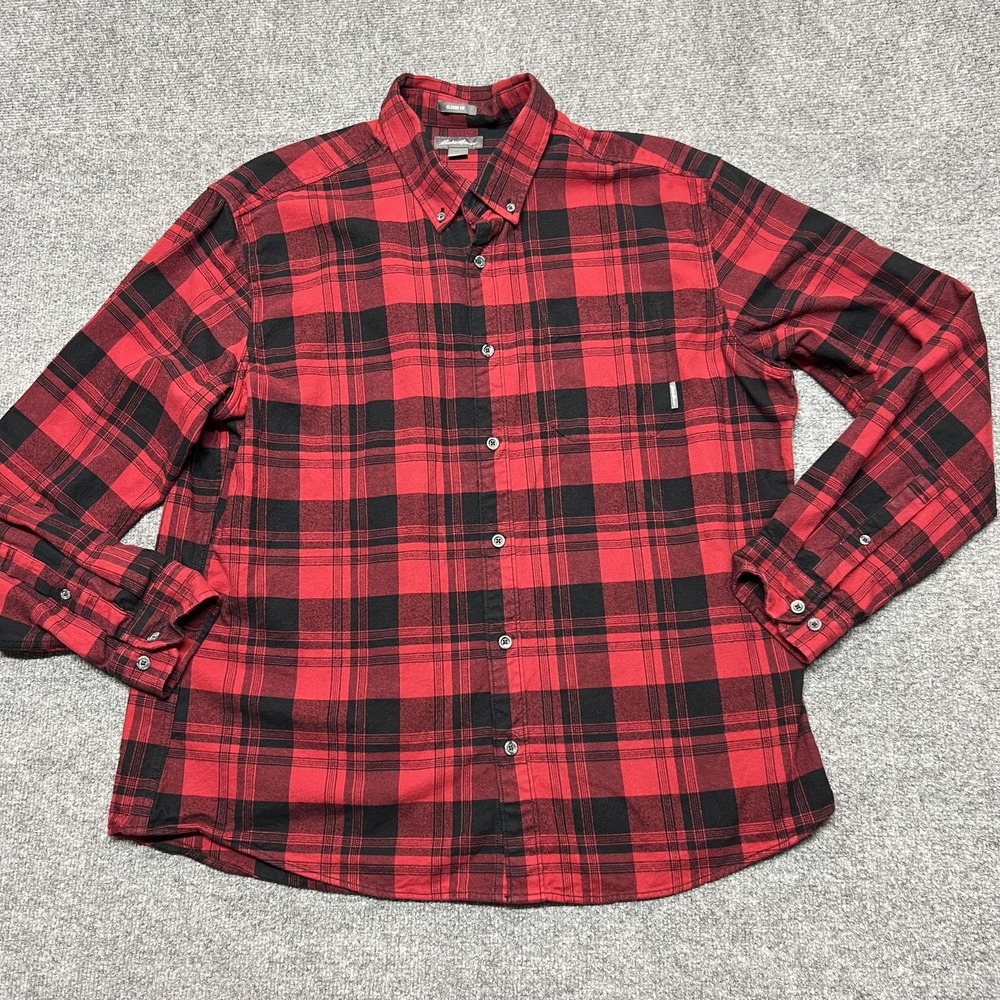 Eddie Bauer Shirt Mens XL Red Plaid Flannel Button Long Sleeve Classic Fit